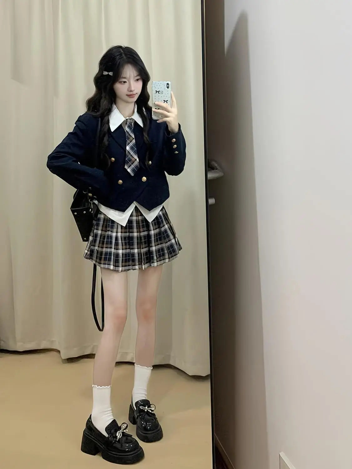 Jirai Kei Navy Blazer Plaid Pleated Skirt School Uniform Set Secondary image