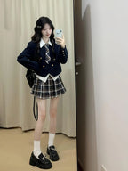 Jirai Kei Navy Blazer Plaid Pleated Skirt School Uniform Set Shoptery