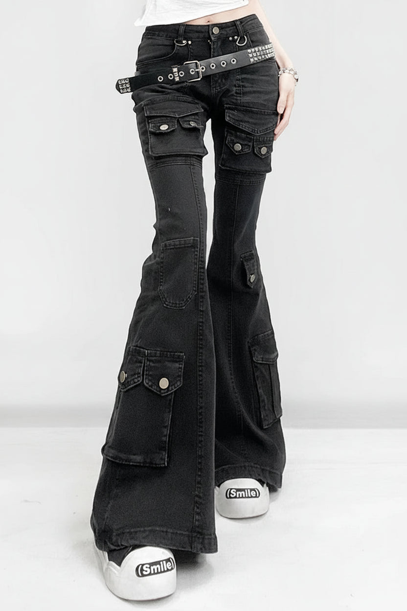 Visual Kei Studded Belt Cargo Flare Jeans in Washed Black Secondary image