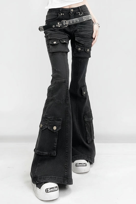 Visual Kei Studded Belt Cargo Flare Jeans in Washed Black Shoptery