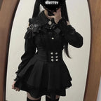 Jirai Kei Red Ruffle Blouse & Black Pleated Skirt Gothic Set Shoptery