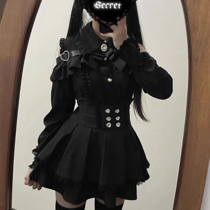 Jirai Kei Red Ruffle Blouse & Black Pleated Skirt Gothic Set Shoptery