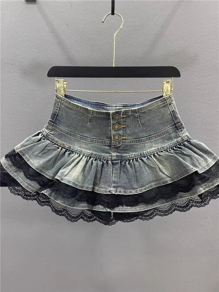 Jirai Kei Denim Ruffle Mini Skirt with Lace Trim Secondary image