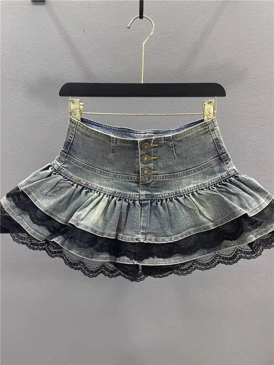 Jirai Kei Denim Ruffle Mini Skirt with Lace Trim Shoptery