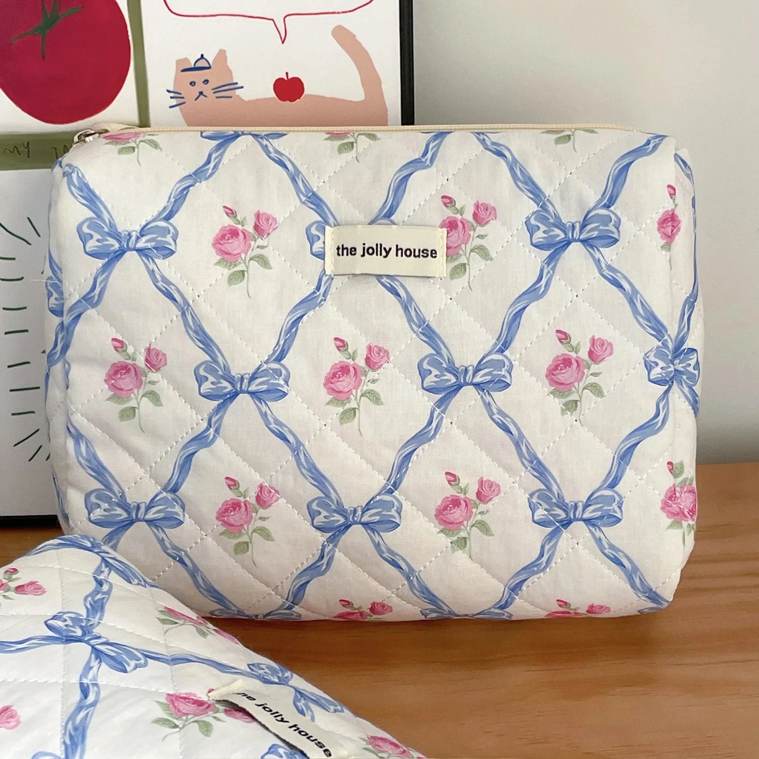 Retro Bow Bloom Coquette Makeup Bags Blue-B Shoptery