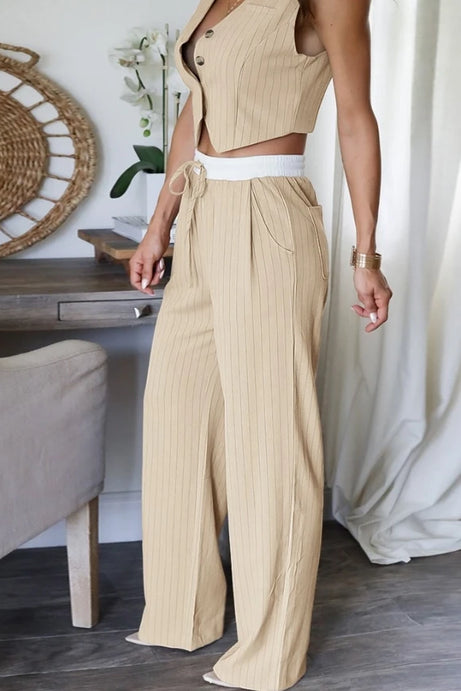 New V-Neck Crop Sleeveless Vest Casual Wide Leg Pants