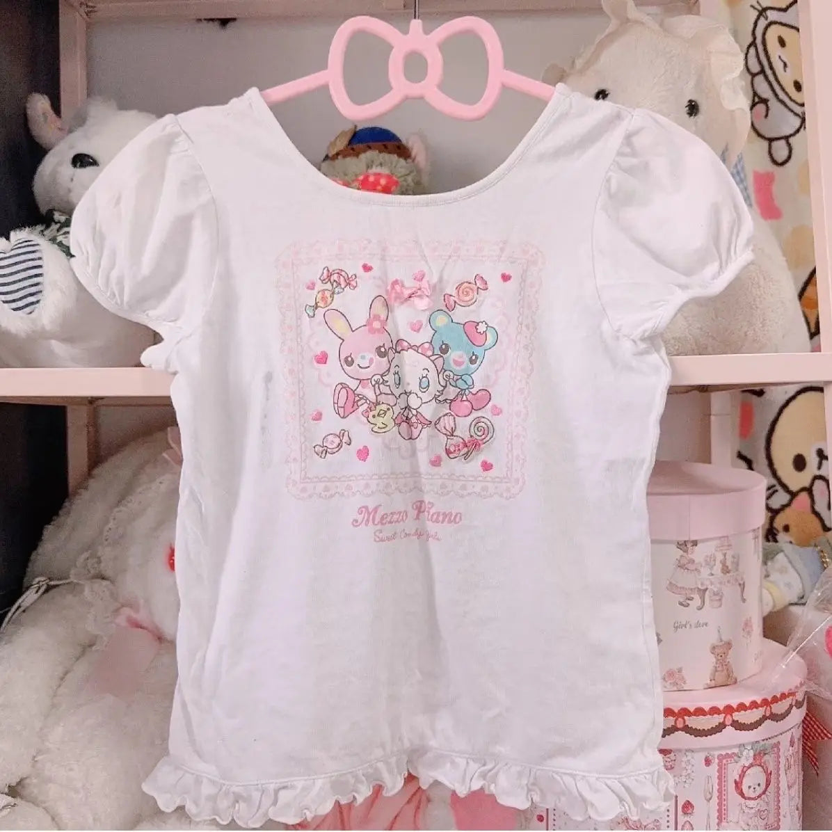 Fairy Kei Mezzo Piano Kawaii Rüschen-Puffärmel-Grafik-T-Shirt Zweitbild