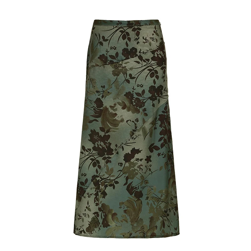 Retro Olive Bloom A-Line Skirt green Shoptery