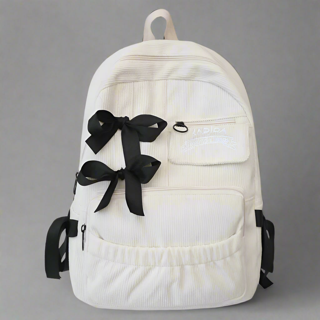 Corduroy Bow Charm Cute Backpack white and black Shoptery