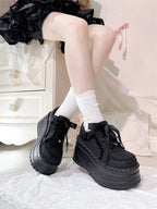 Jirai Kei Satin Ribbon Lace Trim Platform Chunky Sneakers Black Shoptery