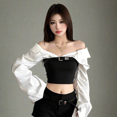 Monochrome Buckled Edgy Off-Shoulder Long Sleeve Crop Top Picture Color Shoptery