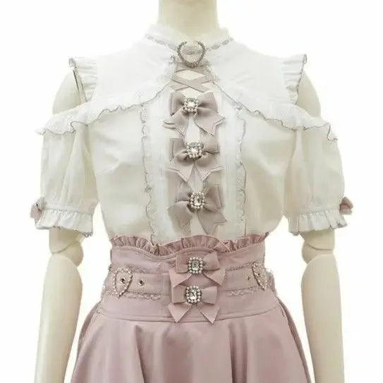 Jirai Kei Black Lace Ruffle Bow Button-Up Blouse 3448 White Shoptery