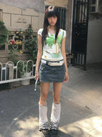 Gyaru Tropical Polka Dot Graphic Baby Tee with Studded Belt Shoptery