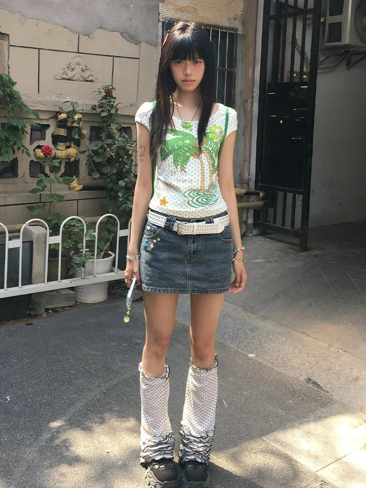 Gyaru Tropical Polka Dot Graphic Baby Tee with Studded Belt Shoptery