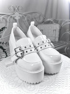 Jirai Kei Patent Platform Loafers with Rhinestone Heart Buckle WHITE Shoptery