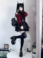 Jirai Kei Red Ruffle Blouse & Black Pleated Skirt Gothic Set Shoptery