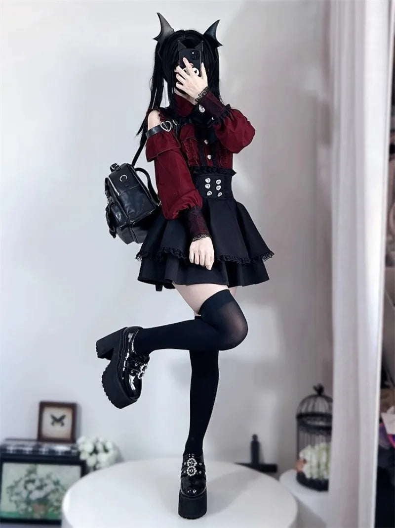 Jirai Kei Red Ruffle Blouse & Black Pleated Skirt Gothic Set Shoptery