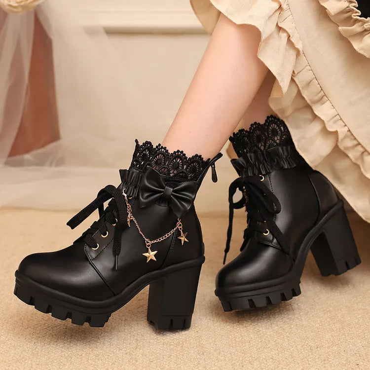 Jirai Kei Pink Lace Ruffle Bow Star Chain Platform Ankle Boots Shoptery