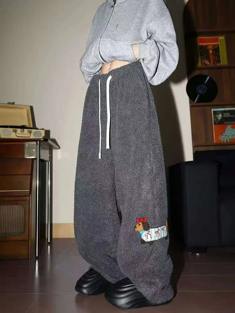 Plush Pup Drawstring Pants Dark Grey Shoptery