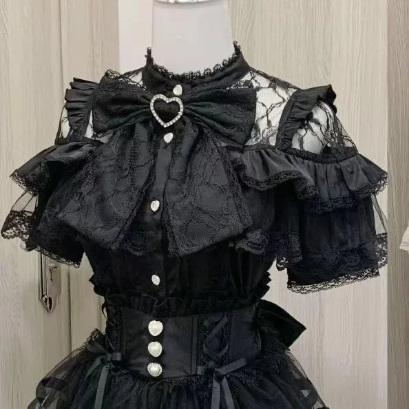 Jirai Kei Black Lace Ruffle Bow Button-Up Blouse 3204 Black Short Shoptery