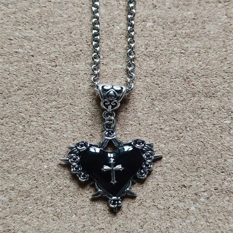 Visual Kei Gothic Cross Heart Thorn Rose Silver Pendant Necklace Black1 Shoptery