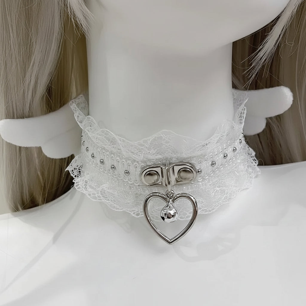 Jirai Kei White Lace Choker with Heart Bell Pendant & Angel Wings white 30cm Shoptery