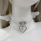Jirai Kei White Lace Choker with Heart Bell Pendant & Angel Wings white 30cm Shoptery