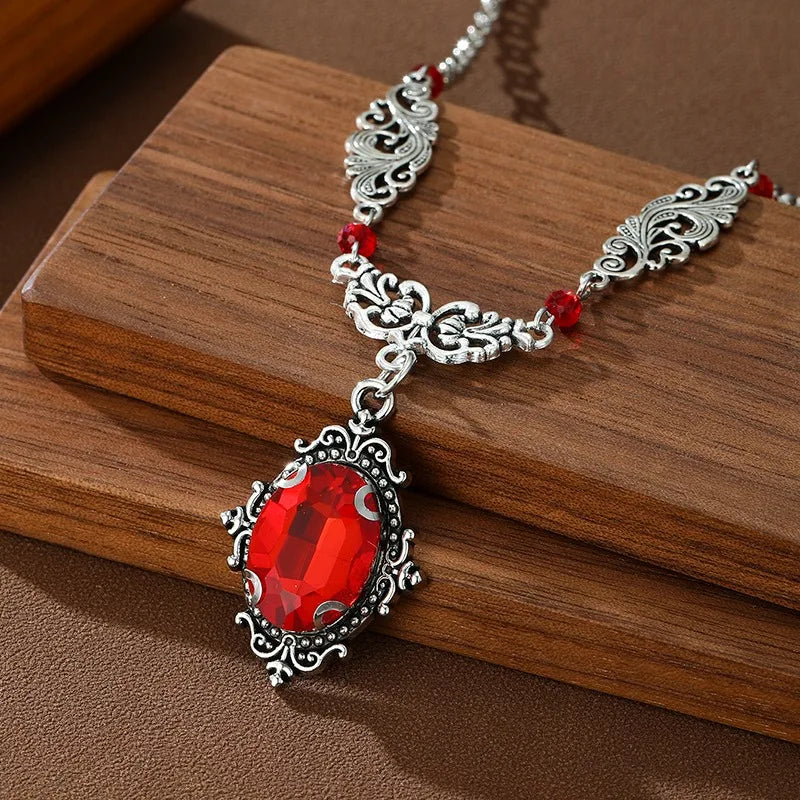Visual Kei Baroque Filigree Red Crystal Pendant Necklace Shoptery
