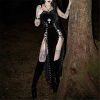 Visual Kei Black Velvet Cross Lace-Up Maxi Slip Dress Shoptery