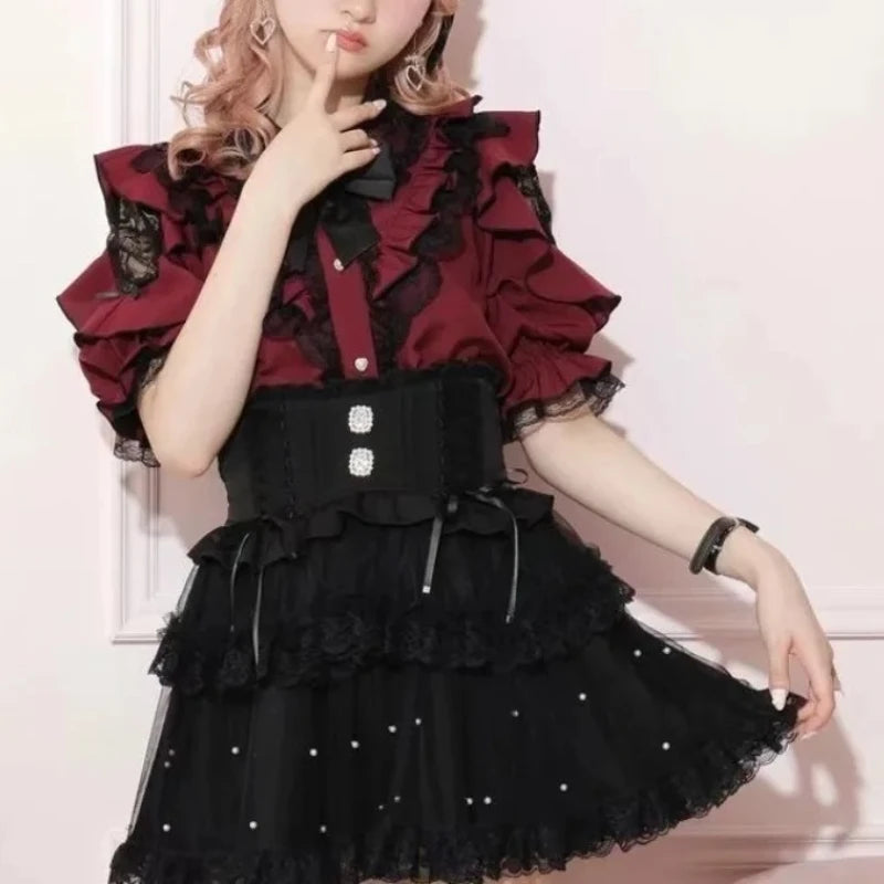Jirai Kei Black Lace Ruffle Bow Button-Up Blouse Secondary image