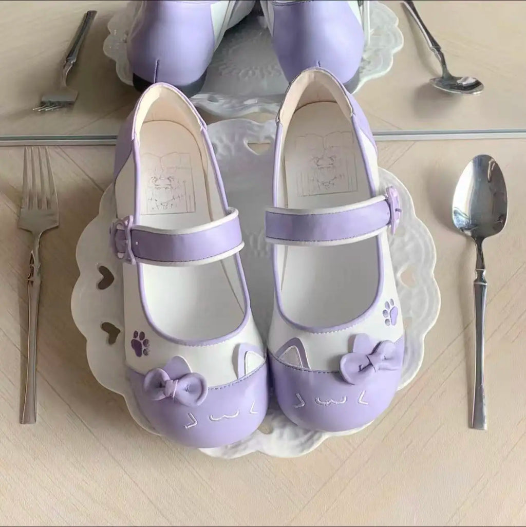 Fairy Kei Pastel Cat Mary Jane Flats with Bow Detail purple Shoptery