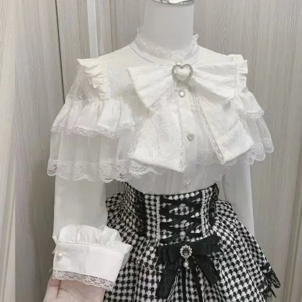 Jirai Kei Black Lace Ruffle Bow Button-Up Blouse 3204 White Long Shoptery