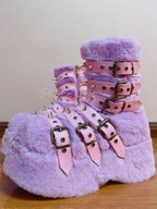 Jirai Kei Pastel Faux Fur Platform Boots with Spiked Buckle Straps Shoptery