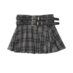 Midnight Prep Pleated Retro Skirt GRAY belt Shoptery