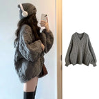 Jirai Kei Cable Knit Sweater White Shirt Pleated Skirt Set with Tie Shoptery