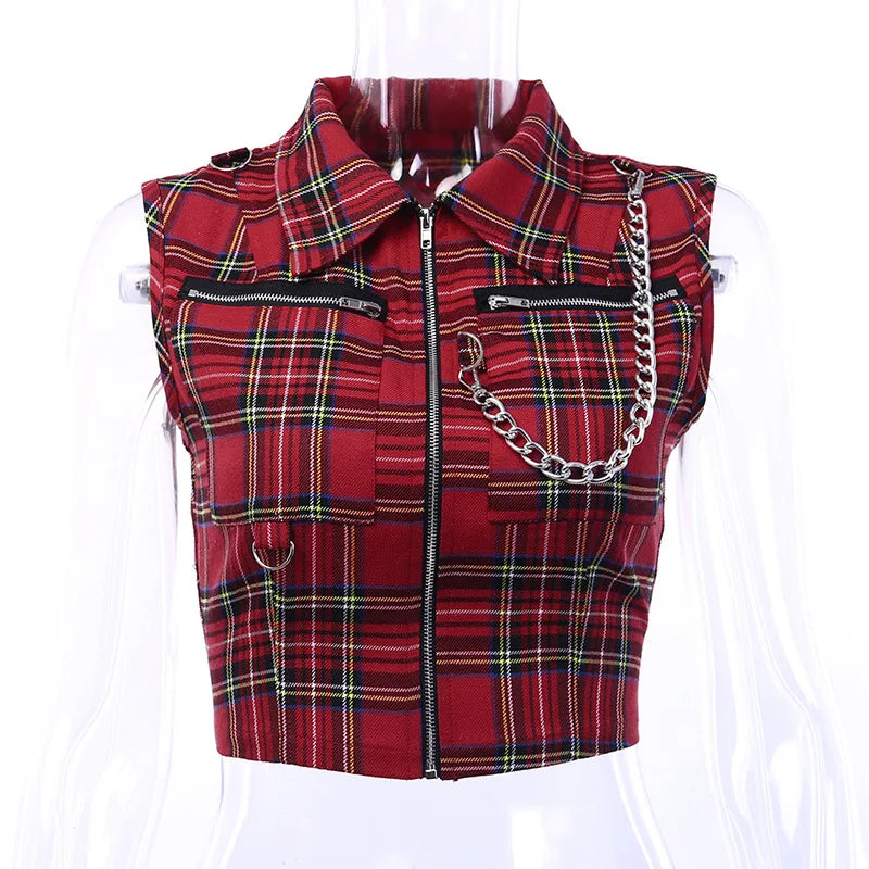 Jirai Kei Pink Tartan Plaid Zip Crop Top & Ruffle Mini Skirt Set Secondary image