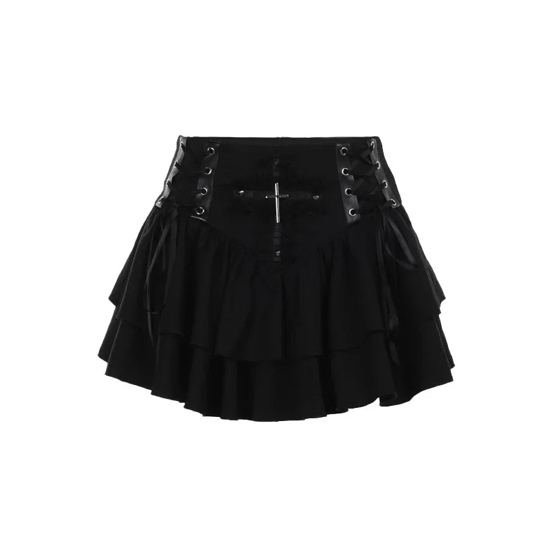Visual Kei Black Velvet Corset Lace-Up Cross Tiered Mini Skirt Main image