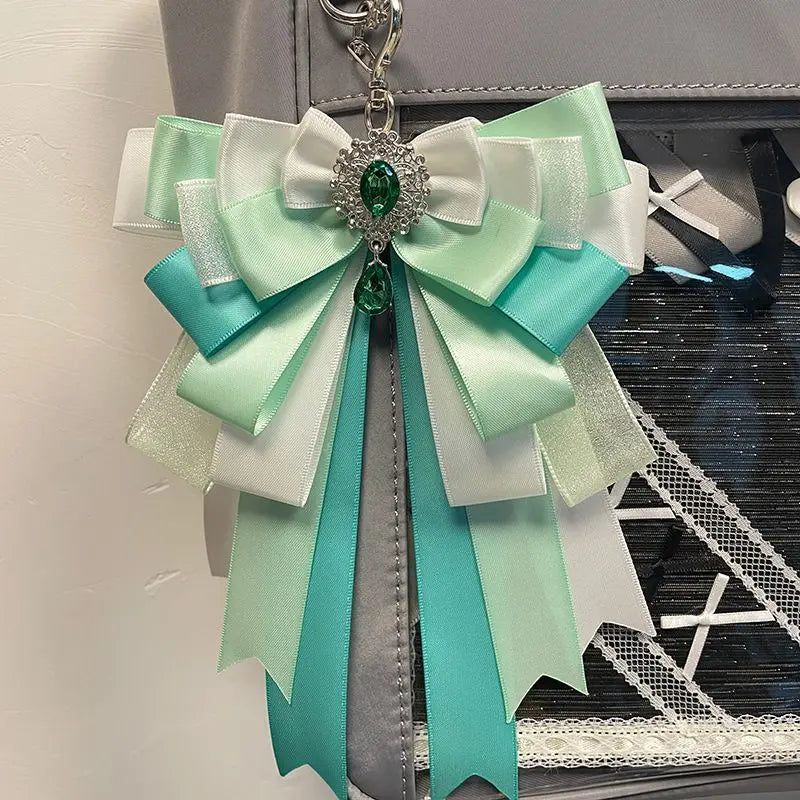 Fairy Kei Layered Satin Bow Charm Pendant with Crystal Jewel Green Shoptery