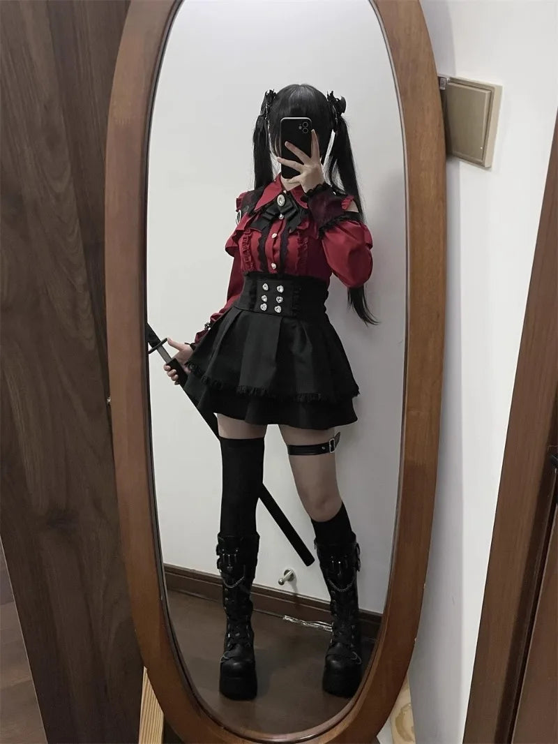 Jirai Kei Red Ruffle Blouse & Black Pleated Skirt Gothic Set Shoptery