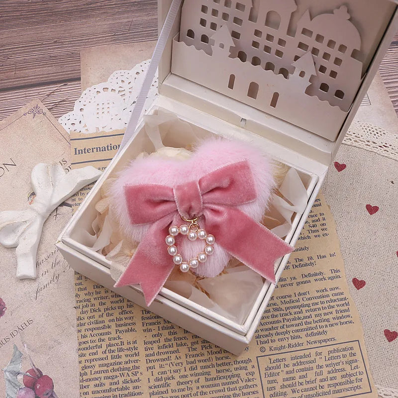 Jirai Kei Fluffy Heart Velvet Bow Pearl Charm Hair Clip 07 light pink pink Shoptery