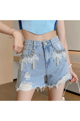 Y2k Pearl Bow Embellished Denim Shorts Blue Shoptery