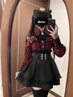 Jirai Kei Red Ruffle Blouse & Black Pleated Skirt Gothic Set Shoptery