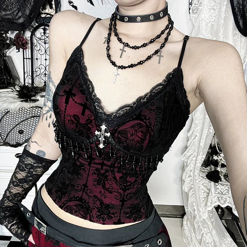 Visual Kei Gothic Cross Beaded Lace Cami Top Set with Gloves Secondary image