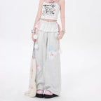 Fairy Kei Bunny Pom-Pom Lace Waist Wide-Leg Sweatpants Set GRAY Shoptery