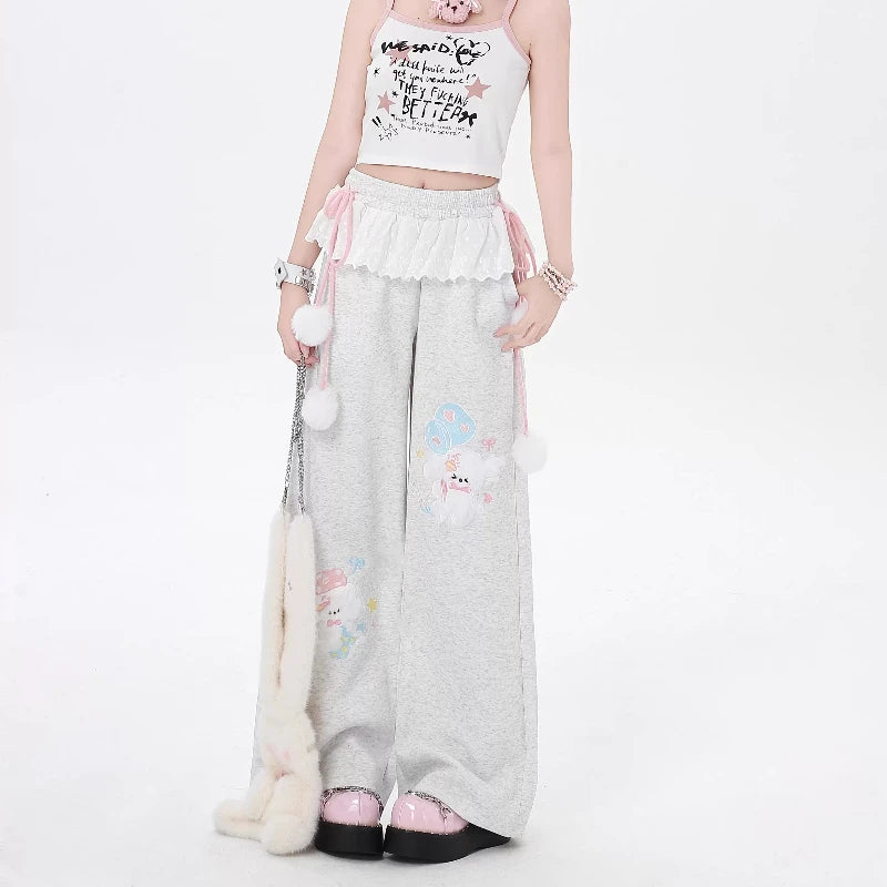 Fairy Kei Bunny Pom-Pom Lace Waist Wide-Leg Sweatpants Set GRAY Shoptery