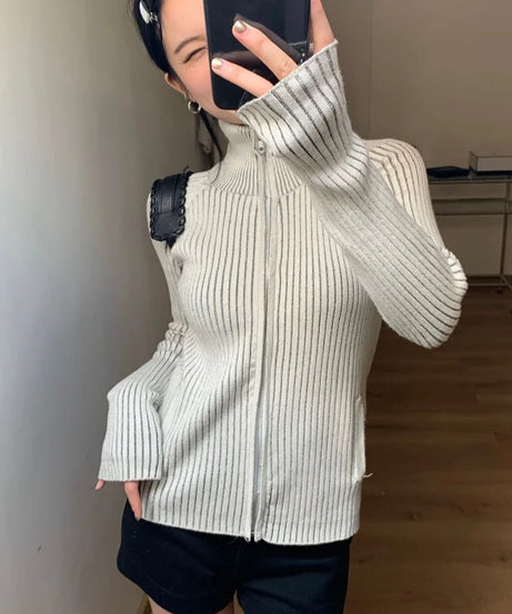 Ribbed High-Neck Zip Sweater