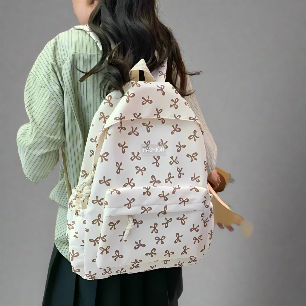 Bow Print Coquette Backpack Khaki Shoptery