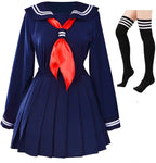 Jirai Kei Dark Sailor Uniform Pleated Dress & Striped OTK Socks Set Navy Shoptery