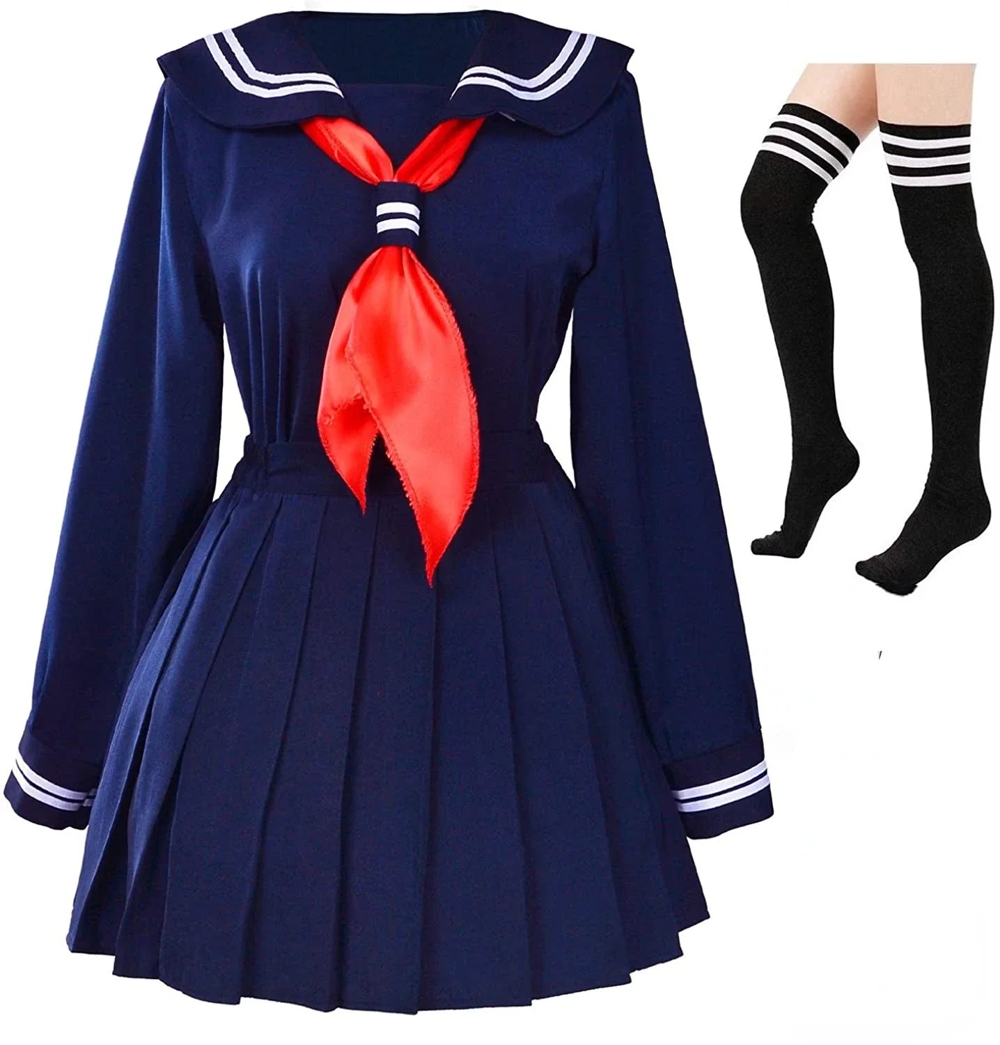 Jirai Kei Dark Sailor Uniform Pleated Dress & Striped OTK Socks Set Navy Shoptery