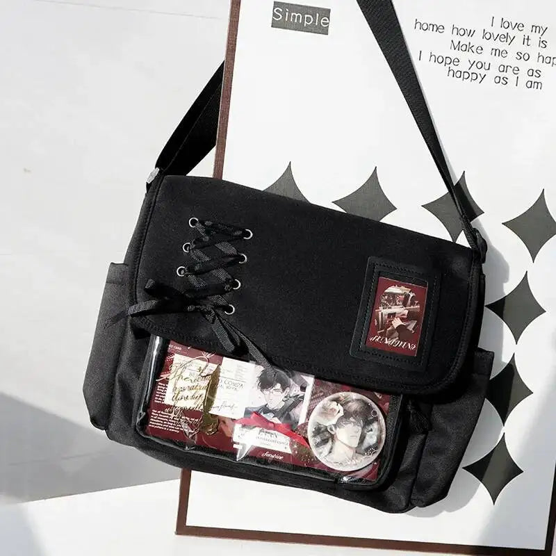 Jirai Kei Black Lace-Up Ita Messenger Bag with Clear Window Shoptery